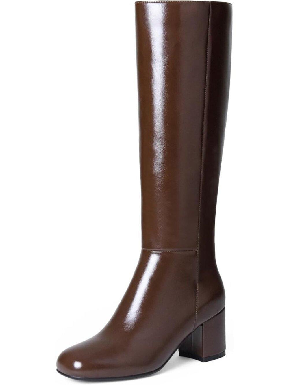 Knee High Chunky Heel Boots for Women, Round Toe, Side Zip, Faux Leather, 2.5